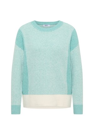 Světlý modrozelený pletený svetr s žebrovanou texturou, kulatým výstřihem a kontrastním krémovým pruhem na lemu a manžetách. Volný střih, dlouhé rukávy.