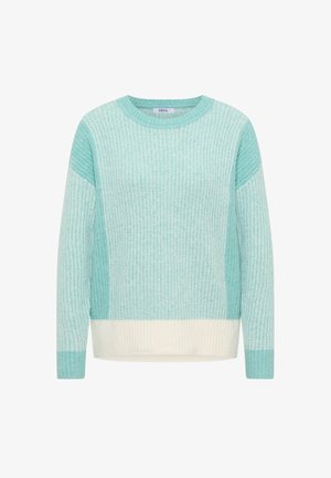 Hellgrüner, gestrickter Pullover mit Rippstruktur, rundem Ausschnitt und kontrastierendem cremefarbenem Band an Saum und Bündchen. Lockerer Sitz, lange Ärmel.