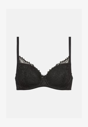 Black lace bra with underwire, floral pattern, adjustable straps, scalloped edges, and a small bow detail at the center.
