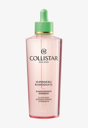 Collistar Milano Supersérum raffermissant intensif élastifiant dans un flacon rose translucide avec un bouchon compte-gouttes vert et un accent doré.