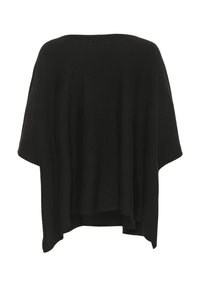 Poncho noir oversized avec une coupe ample, fabriqué en tissu tricot doux, présentant un col rond et des manches tombantes. Coupe plate en bas.