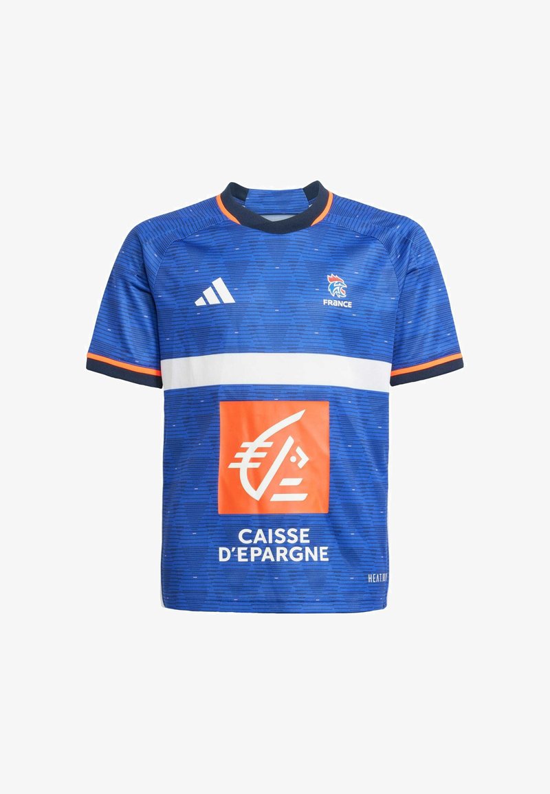 Maillot de rugby bleu en polyester, avec un col rond, des accents orange, une bande horizontale blanche et un logo de sponsor à l'avant.