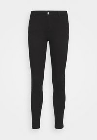 Jean skinny noir en tissu lisse et extensible. Comprend cinq poches, passants pour ceinture et une fermeture boutonnée en métal à la taille.