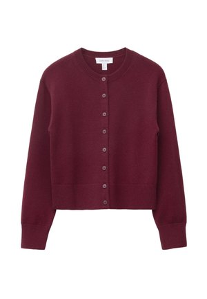Burgunderfarbener, cropped Cardigan aus Strickstoff. Verfügt über einen runden Halsausschnitt und sechs passende Knöpfe auf der Vorderseite, mit gerippten Bündchen und Saum.
