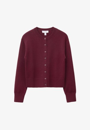 Burgundy, cropped cardigan made of knit fabric. Features a round neck and six matching buttons down the front, with ribbed cuffs and hem.