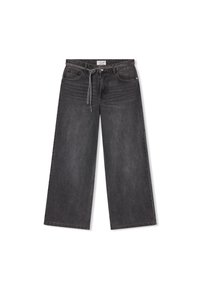 Pantaloni in denim neri a gamba larga con vita regolabile, design a cinque tasche e una finitura testurizzata sbiadita. Dettagli cuciti sul davanti.