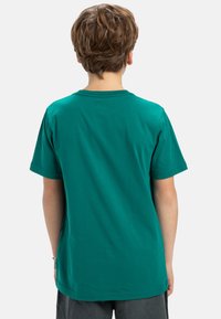 Zelené bavlnené tričko s krátkymi rukávmi a okrúhlym výstrihom, s hladkou textúrou a voľným strihom, zobrazené zozadu.