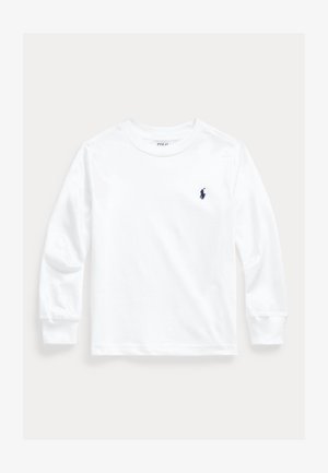 T-shirt de algodão branco de manga longa com decote redondo e logótipo azul-marinho no lado esquerdo do peito. Apresenta punhos canelados e um ajuste descontraído.