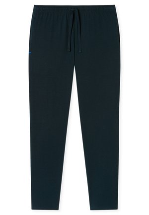 Donkerblauwe, elastische joggerbroek met een trekkoord in de taille. Voorzien van zijzakken en een gladde, zachte stoffen textuur. Rechtestrak ontwerp.