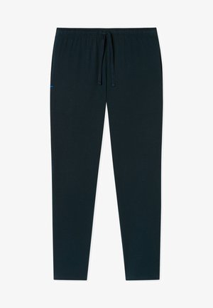 Donkerblauwe, elastische joggerbroek met een trekkoord in de taille. Voorzien van zijzakken en een gladde, zachte stoffen textuur. Rechtestrak ontwerp.