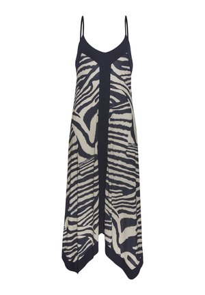 Sleeveless dress featuring a navy and cream zebra stripe pattern with a relaxed fit, V-neckline, and a flowy hemline that drapes asymmetrically.