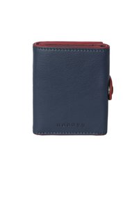 Navy leather wallet with red accents, rectangular shape, visible stitching, and a snap closure. Features embossed text on the front.