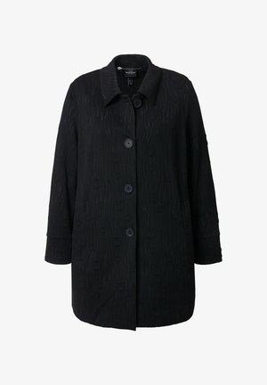 Sort mellemlang frakke med et tekstureret blomsterpatron, stor krave, lange ærmer og fire knapper foran.