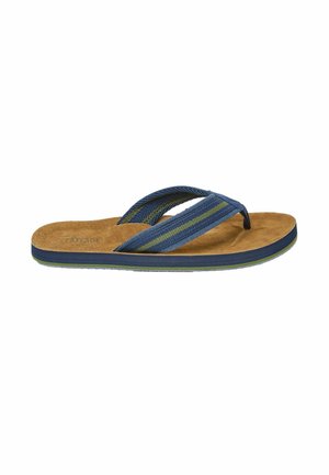 Blue fabric flip-flop with green accent stripes, a cushioned brown footbed, and a textured rubber sole. Flat design with a thong style.