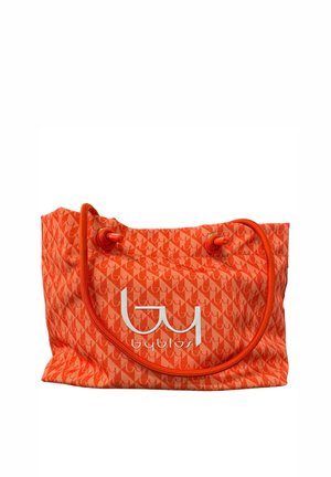 Borsa a mano arancione con motivo, manici in corda e logo bianco stilizzato "byblos" centrato sul pannello frontale.