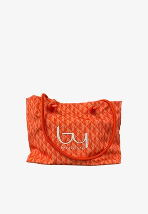 Borsa a mano arancione con motivo, manici in corda e logo bianco stilizzato "byblos" centrato sul pannello frontale.