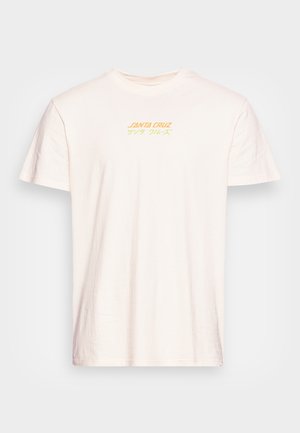 Kremowy t-shirt z krótkim rękawem, z żółtym napisem "Santa Cruz" i japońskimi znakami nadrukowanymi na piersi.