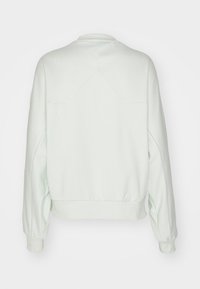 Světle zelená mikina vyrobená z měkké tkaniny. Má kulatý výstřih, spadlé ramena a žebrované manžety. Hladká textura, minimalistický design.