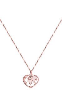 Rosa guldkæde med et hjerteformet vedhæng, der har et udskåret verdenskortdesign. Kæden består af små sammenkoblede led.