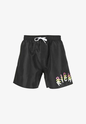 Boxer da nuoto neri con elastico in vita e cordino bianco. Presenta un design testuale "RICH" multicolore sul lato inferiore destro.