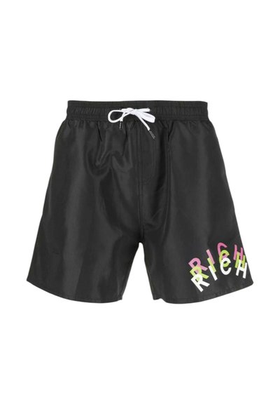 Boxer da nuoto neri con elastico in vita e cordino bianco. Presenta un design testuale "RICH" multicolore sul lato inferiore destro.