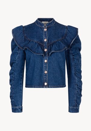 Denim jas met een rimpelvoorkant, opgeblazen mouwen en metalen knopen, in een diepe blauwe kleur met zichtbare stiksels.