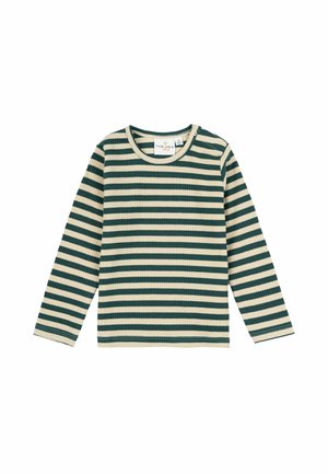 Chemise à manches longues côtelée avec des rayures horizontales vertes et beiges et des boutons-pression sur l'épaule gauche.