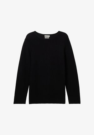 Zwarte, langwerpige trui van ribstof met een ronde halslijn en verlaagde schouders, met een ontspannen pasvorm en zonder zichtbare accenten.