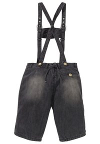 Shorts in denim di colore grigio scuro con bretelle regolabili. Caratteristiche includono una vita con cordino, due tasche anteriori e dettagli con bottoni.