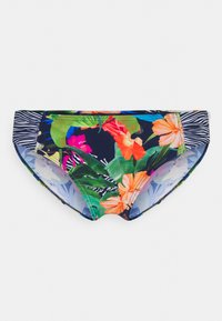 Parte de baixo de fato de banho com um padrão floral escuro, apresentando acentos vibrantes em laranja e verde. Os painéis laterais exibem uma textura em estampa de zebra em preto e branco.