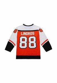 Maglia da hockey arancione, bianca e nera con il nome "Lindros" e il numero "88" sulla schiena e sulle maniche.