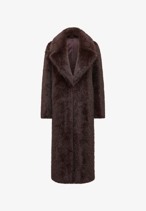 Brown fur coat with a long, straight design, wide lapels, and open front. Soft texture and full-length sleeves enhance warmth and style.