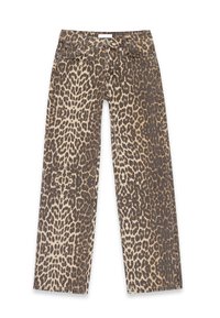 Leoparda raksta džinsi ar neitrālu beigas un brūnu krāsu paleti, taisnas kājas dizainu un tradicionālām kabatu detaļām.