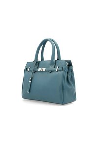 Teal leather handbag with structured shape, dual handles, silver hardware accents, and a front strap detail. Smooth texture throughout.