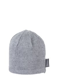Gray knit beanie with a rounded top, textured finish, and a folded hem. Features a small branding tag on the side.