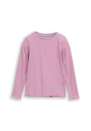 Langärmliges rosa und hellviolett gestreiftes Shirt mit rundem Ausschnitt und gerafften Kanten an Bündchen und Saum.