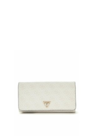 Portefeuille rectangulaire beige avec un motif monogramme subtil et un petit emblème triangulaire doré sur le rabat avant.