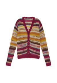Cardigan con bottoni a maniche lunghe con strisce orizzontali multicolori nei toni del rosa, giallo, marrone e blu su sfondo bianco.