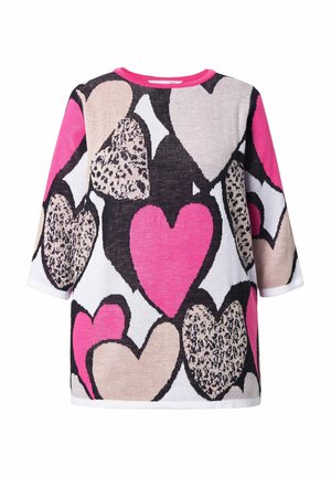 Neulepaita, jossa on vaaleanpunaisia, mustia ja beigejä sydämiä valkoisella taustalla. Pyöreä pääntie ja kolmanneksen mittaiset hihat.