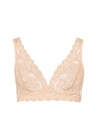V-leikkauksella, joustamaton pitsinen rintaliivi pehmeässä beigevärissä kukkakuviolla, jossa on aaltoilevat reunat. Mukava ilman tukikaaria. Tasainen pinta koko tuotteen ajan.