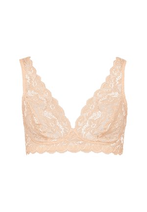Lace bralette in zacht beige met bloemenpatroon, v-hals uitsnede, gegolfde randen en zonder beugel voor comfort. Soepele textuur overal.