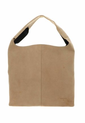 Sac à bandoulière en daim beige doux avec une large bandoulière et une couture verticale subtile au centre, design minimaliste avec petit logo de marque embossé.