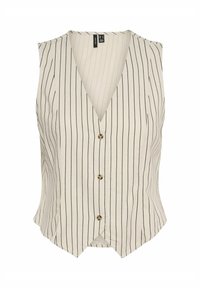 Chaleco sin mangas a rayas en crema con finas líneas verticales negras, con escote en V, seis botones y un dobladillo ligeramente entallado.