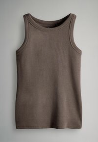 Brūns kašera krekls bez piedurknēm, izgatavots no ribota auduma, ar apaļu kakla izgriezumu. Auduma virsma ir gluda, un tam ir pieguļoša silueta.