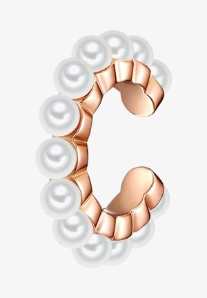 C-alakú gyűrű váltakozó fehér gyöngyökkel és rozé arany alkatrészekkel, sima felület, fényes, tükröződő befejezés és ívelt kialakítás.