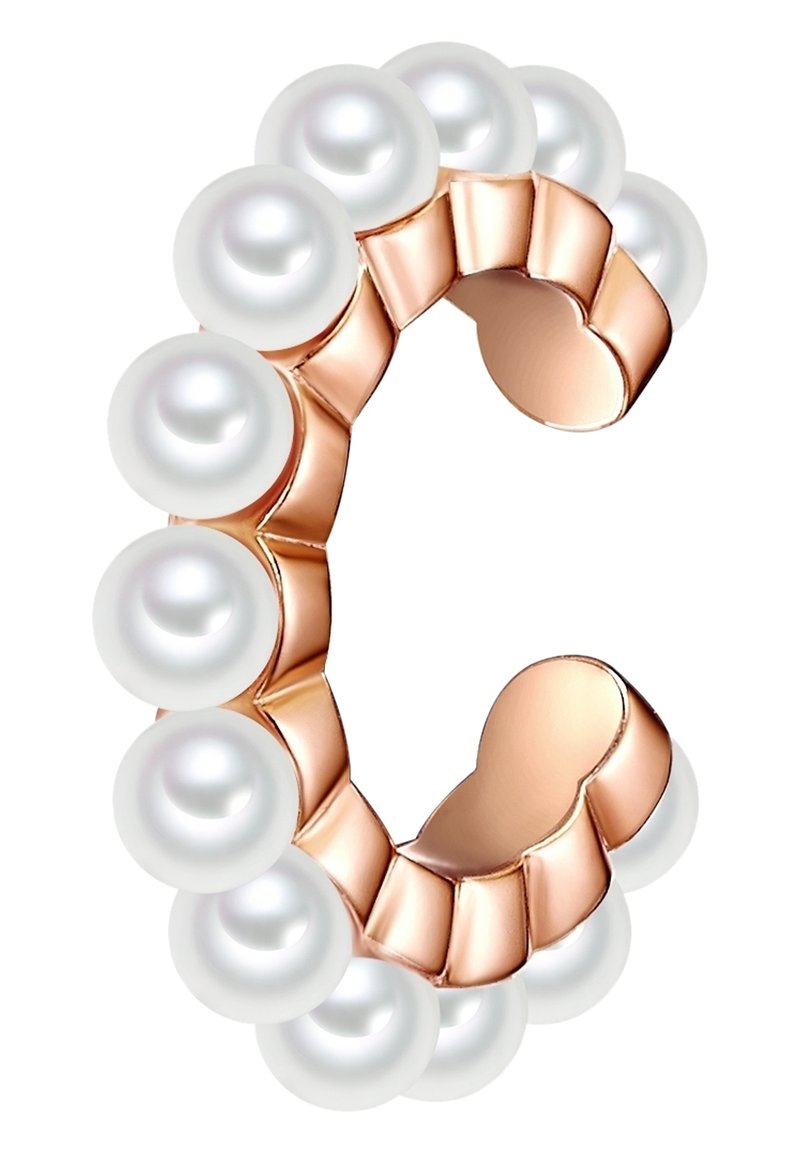 C formos žiedas su pakaitomis baltomis perlamutrinėmis granulėmis ir rausvo aukso detalėmis, lygiu paviršiumi, poliruotu, atspindinčiu finišu ir išlenkta forma.