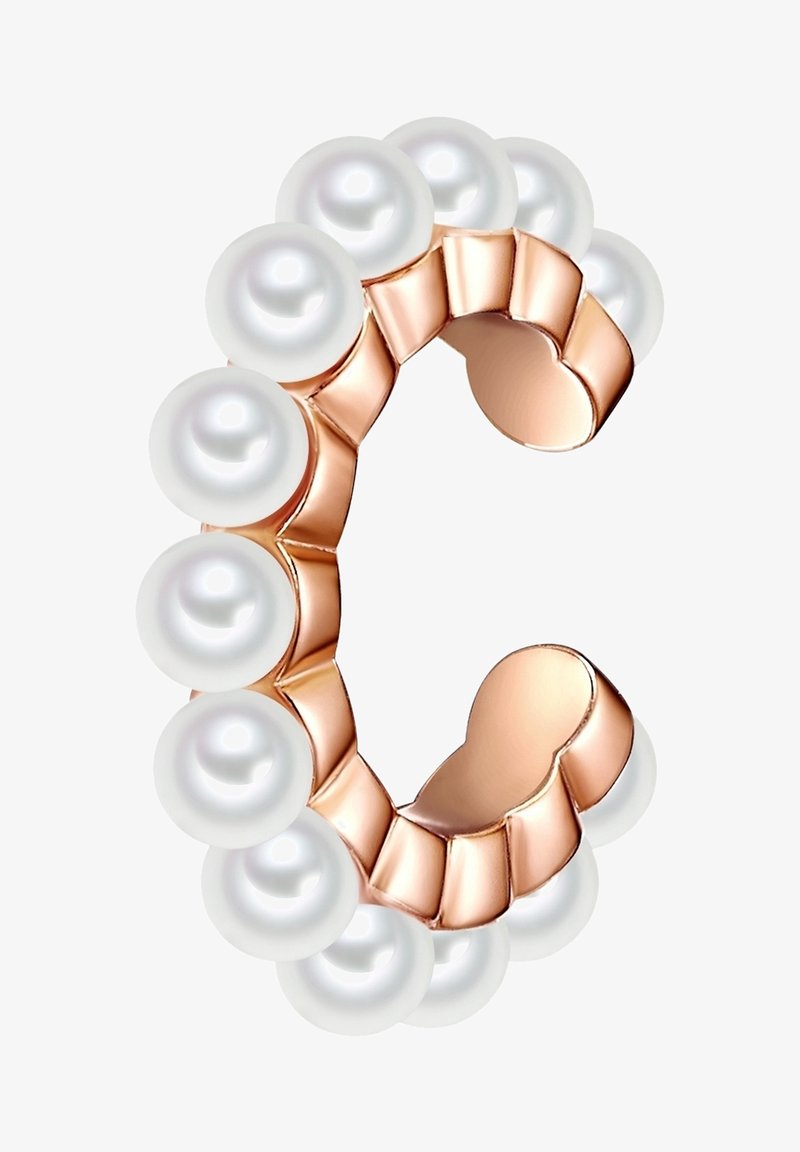 C formos žiedas su pakaitomis baltomis perlamutrinėmis granulėmis ir rausvo aukso detalėmis, lygiu paviršiumi, poliruotu, atspindinčiu finišu ir išlenkta forma.