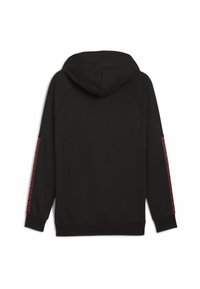 Felpa nera con cappuccio e maniche raglan, caratterizzata da dettagli a fantasia rossa lungo i lati e polsini e orlo a costine.