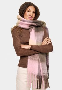 Multifarvet uldscarf med blød tekstur, i pink, brun og grå sektioner, afsluttet med frynset kanter for ekstra detalje.