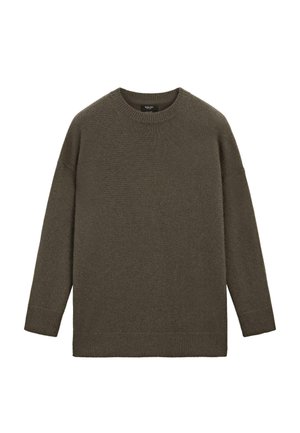 Oliven grønt sweater med rund hals, lange ærmer og ribbede manchetter. Lavet af tekstureret strikket stof med en løs, afslappet pasform.